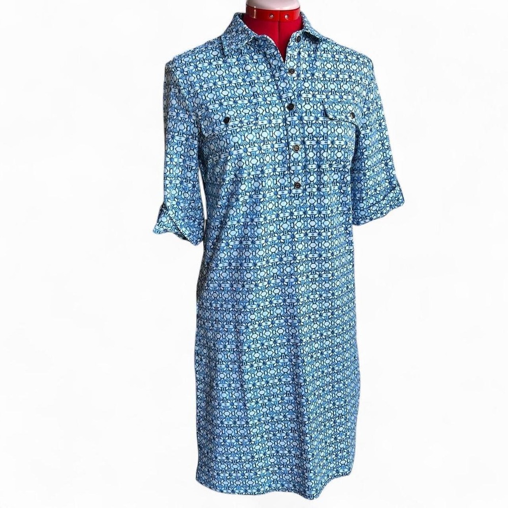 J.McLaughlin Blue & White Floral Geometric Pattern Collared Shirt Lawrence Dress